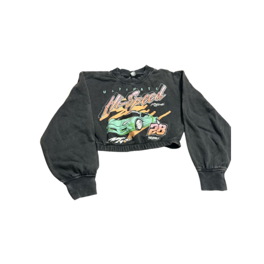 Cropped Racing Graphic Sweatshirt | Faded Black Streetwear Size XSmall